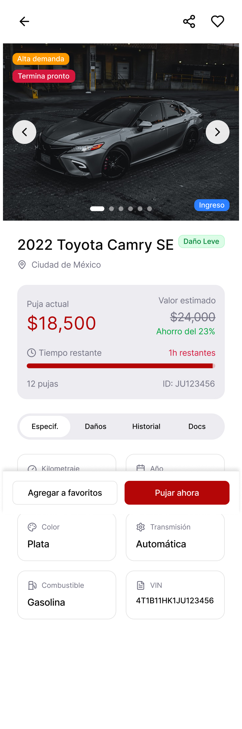 Detalle de unidad en app móvil