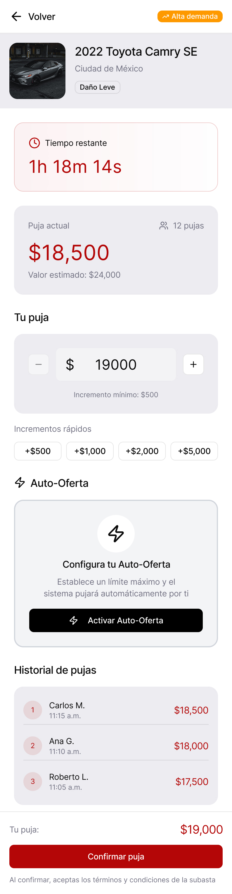 Flujo de oferta en app móvil